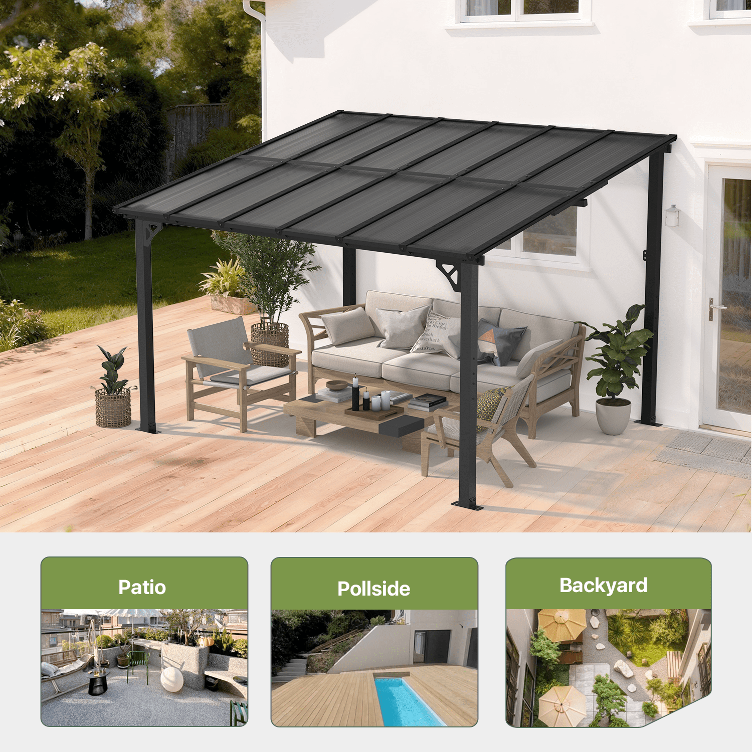 BaPiPro 12x10 ft Wall-Mounted Hardtop Gazebo with Polycarbonate Roof, Aluminum Frame, Outdoor Patio Cover for Poolside or Backyard, UV Resistant