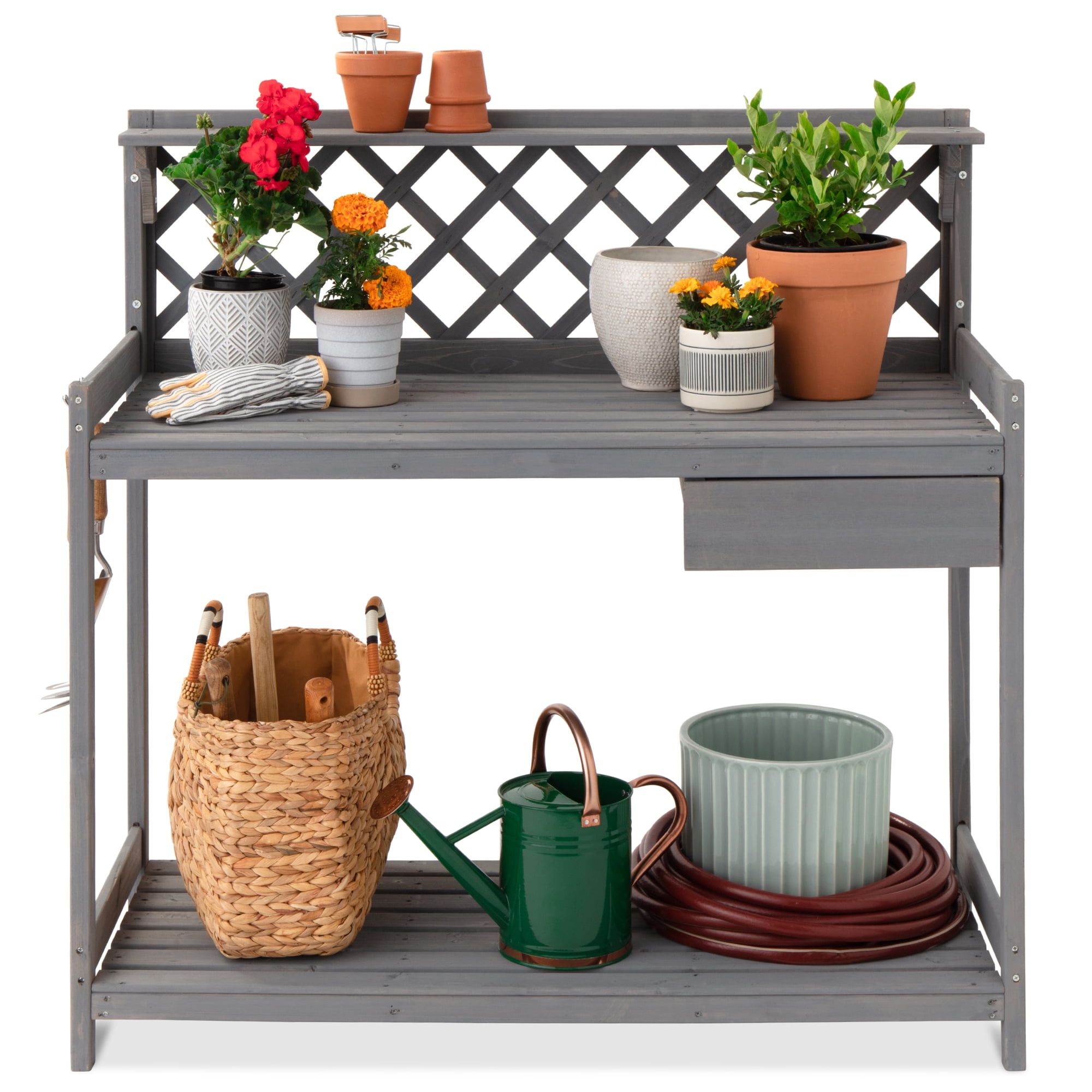 Best Choice Products Outdoor Wooden Garden Potting Bench, Workstation Table w/ Cabinet Drawer, Open Shelf - Gray
