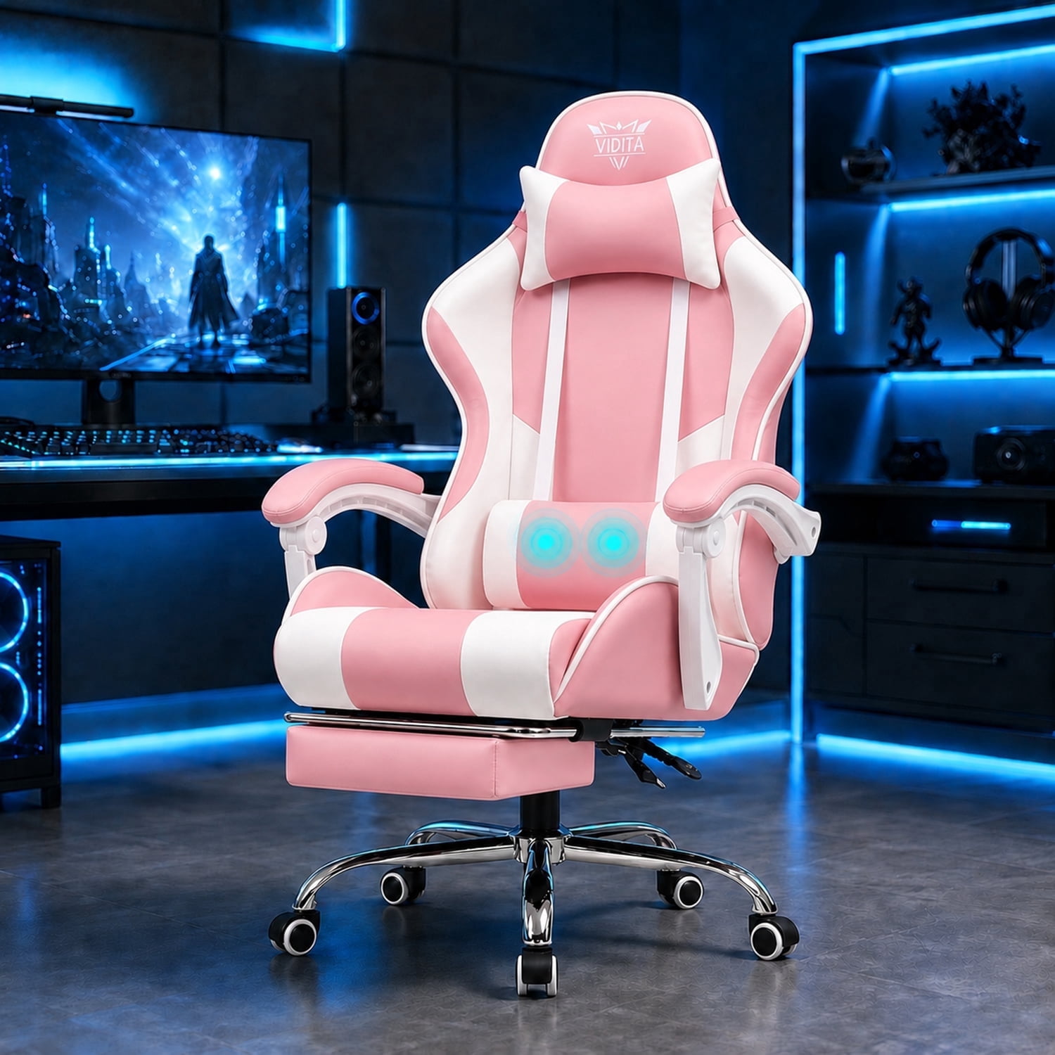 VIDITA Ergonomic Gaming Chair with Massage Lumbar Support, High Back Racing Computer Chair, Reclining PU Leather Gamer Chair with Adjustable Armrest for Home Office and Gaming Room，Pink and white