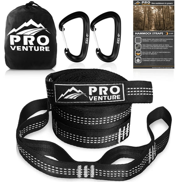 Pro Venture Hammock Straps and Carabiners Set | 22 Feet Total, 44+2 Loops | 1200lbs Breaking Strength (500lbs Rated) | Non-Stretch, Lightweight, Portable - Quick Setup | Heavy Duty, Tree Fri