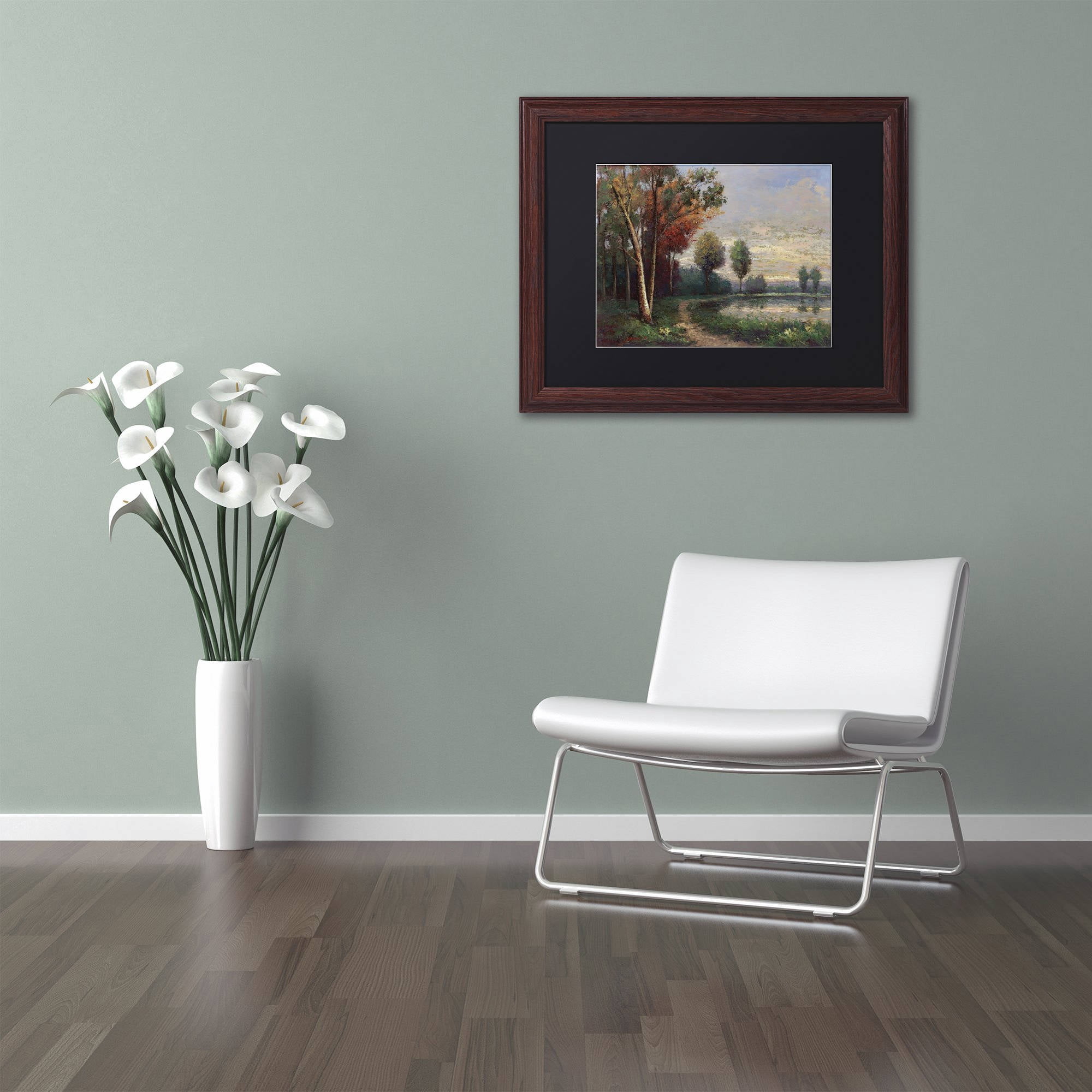 Trademark Fine Art "Landscape with a Lake" Canvas Art by Daniel Moises, Black Matte, Wood Frame