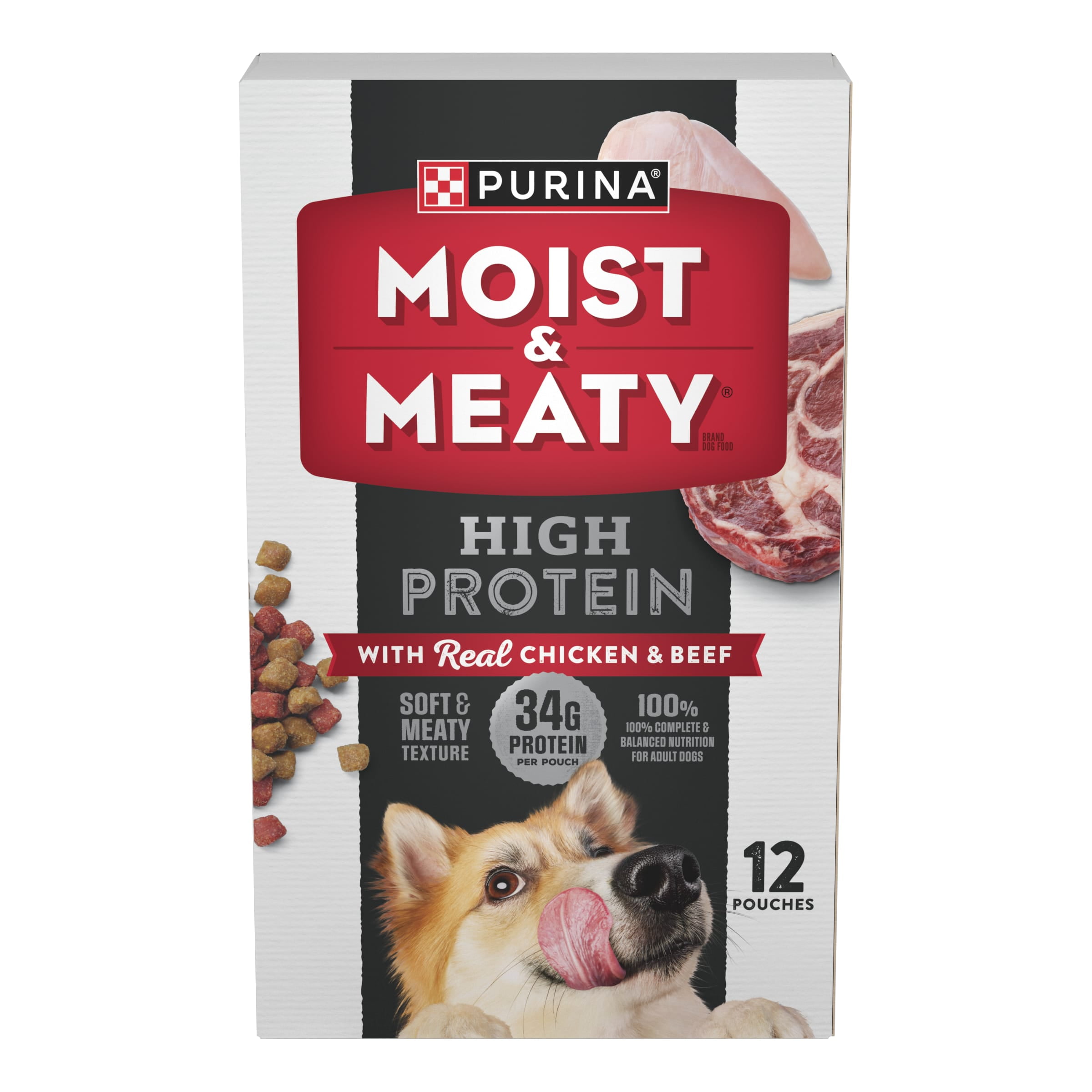 Purina Moist Meaty Dry Dog Food High Protein Real Chicken Beef 6 oz Pouch 12 Pack