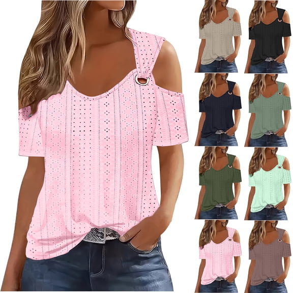 sovlvnd Women's Plus Size 2024 Fashion Casual Solid Color Shoulder Leakage Short Sleeve Pullover Short Sleeve Top Casual Daily Over Size Summer Tunic Blouse Top S-2XL