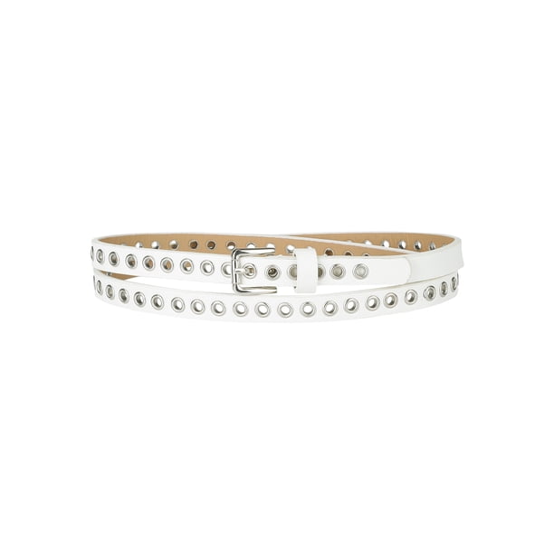 Cinturón de cuero delgado con ojales para mujeres de talla grande, estilo punk rock, 104.5 cm/41.14'' blanco