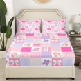 thumbnail image 3 of Pink Patchwork Queen Size Sheet Set 4-Piece, Girls Pink Bowknot Bed Sheets Set Cute Ballet Shoes Pattern Sheets, Princess Style Plaid Flat Fitted Sheet, Pink Purple, 3 of 6