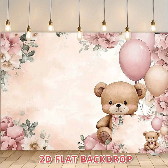 Pink Floral Teddy Bear Balloon Backdrop, Perfect for Birthday Parties, Baby Shower Events, Professional Photography and Venue Decorations, 2D Flat Photo Booth Background Banner