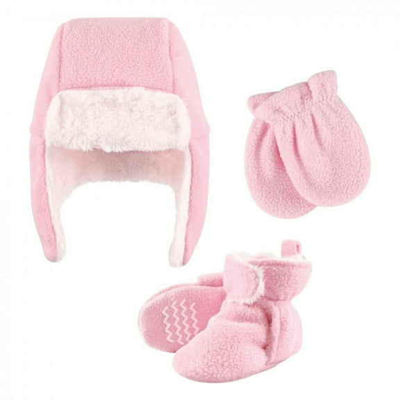 Hudson Baby Infant Girl Trapper Hat, Mitten and Bootie Set, Light Pink, 0-6 Months