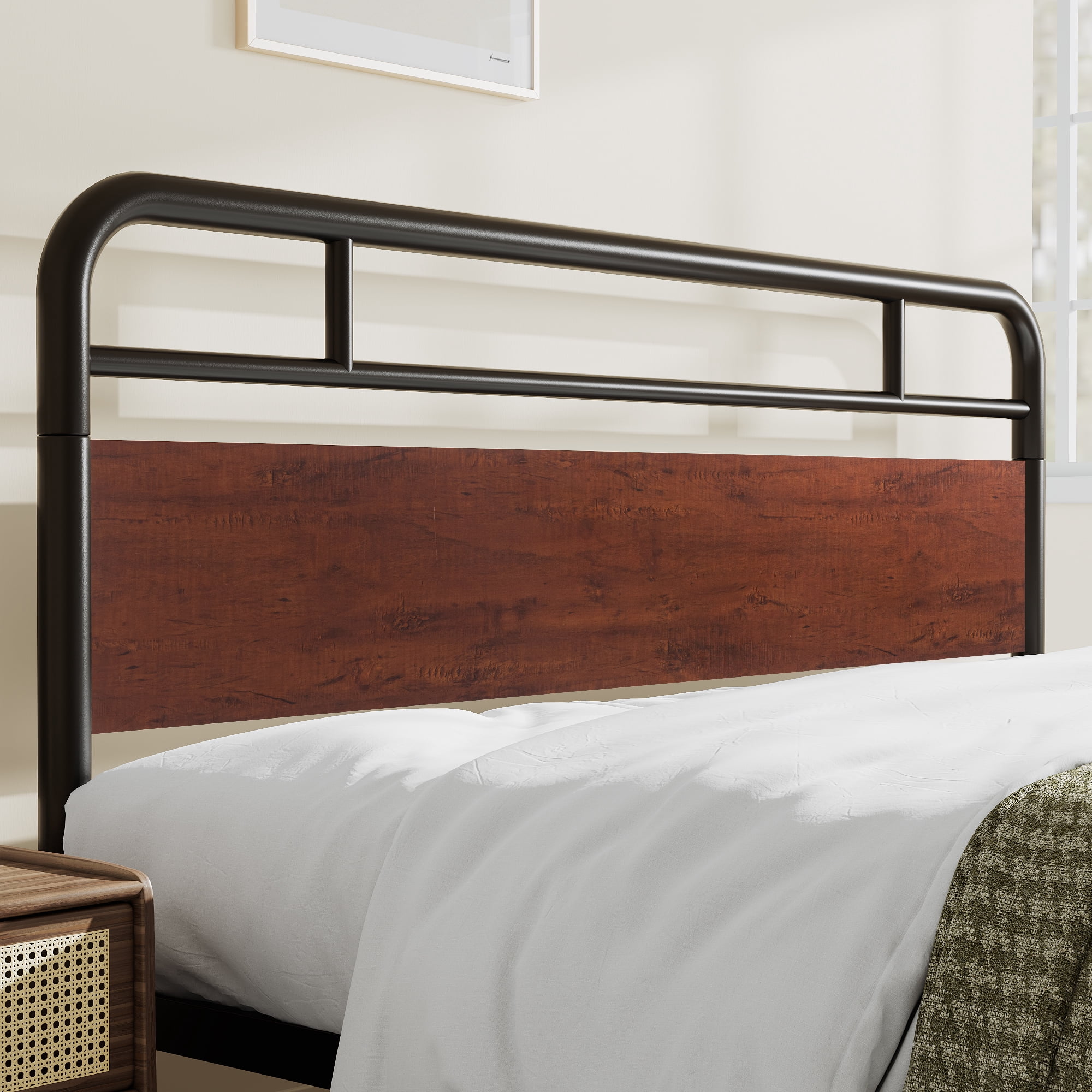 Sha Cerlin Dark Brown King Size Metal Platform Bed Frame with Industrial Heavy Duty Wooden Headboard