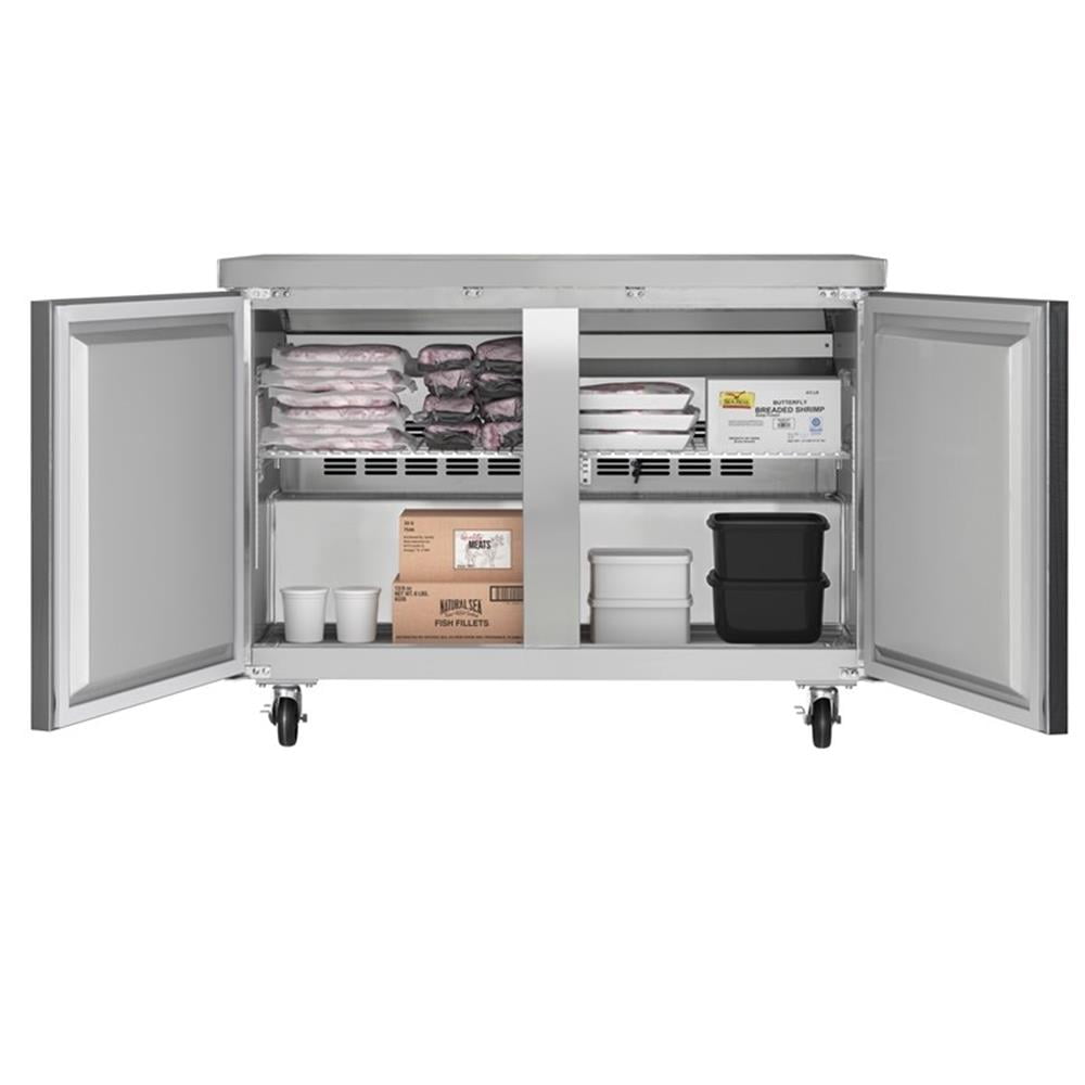 Pemberly Row 48" Two-Door Commercial Undercounter Freezer with Casters in Silver