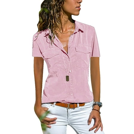

LAPA Women Casual Basic Short Sleeve Shirt Buttons Lapel V Neck Top Blouse