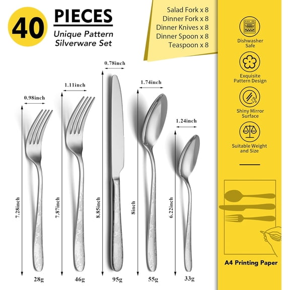 40 Piece Silverware Set, Service for 8, Premium Stainless Steel Cutlery Set, Mirror Polished Flatware Sets with Pattern Handle, Modern Kitchen Eating Utensils Sets