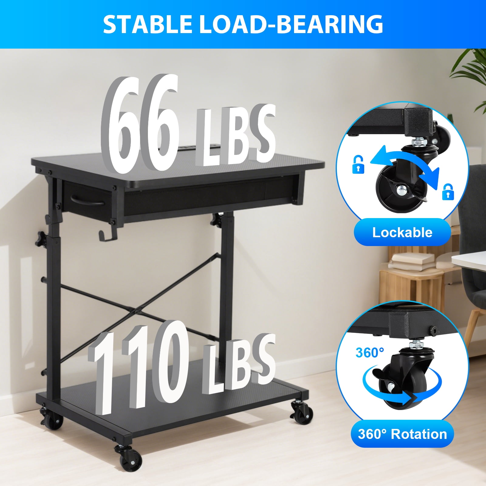 PC Tower Stand，2-Tier Computer Tower Stand，Computer Tower Floor Stand with Power Outlet & Lockable Wheels，PC Holder for Office/Home/Studio/Game Room