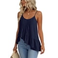 thumbnail image 5 of ClodeEU Women's Linen Blend Round Neck Spaghetti Strap Tank Top, Casual Pleated Asymmetrical Hem Blouse Navy,Women's Plus M, 5 of 9