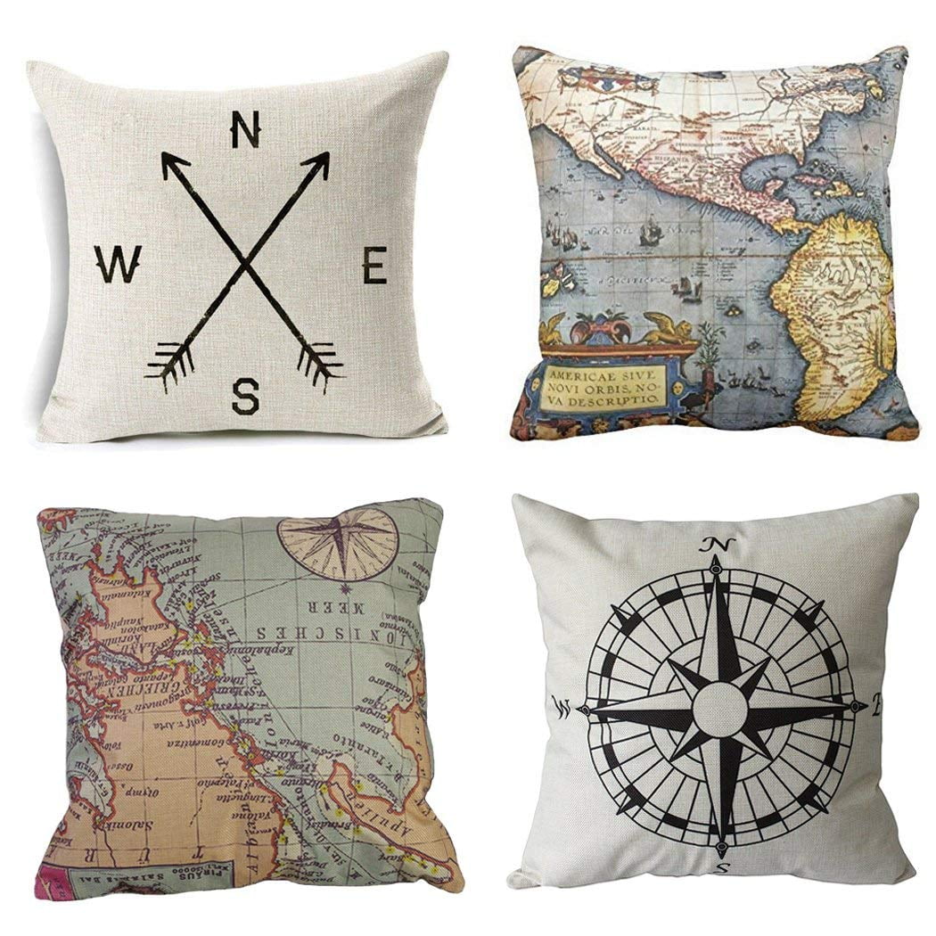 Modern Accent Double-Sided Digital Printing Ambesonne Compass Throw Pillow Cushion Case Pack of 4 18 Black Grey Tan World Map Pattern with Aged Background Maritime Directions Continents