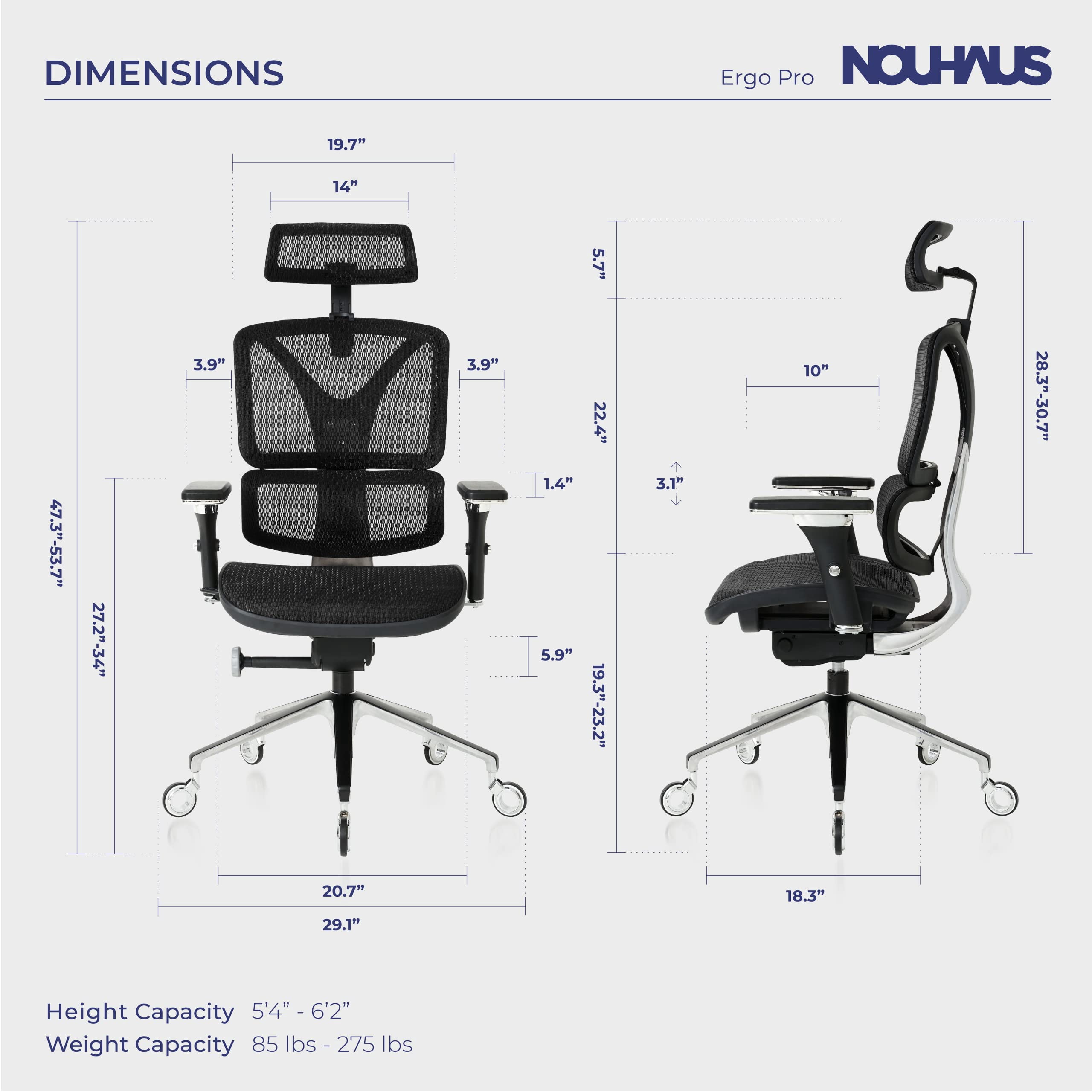 NOUHAUS ErgoPRO Mesh Ergonomic Swivel Office Chair with Adjustable Armrests, Lumbar Support, Headrest for Home Office, Black