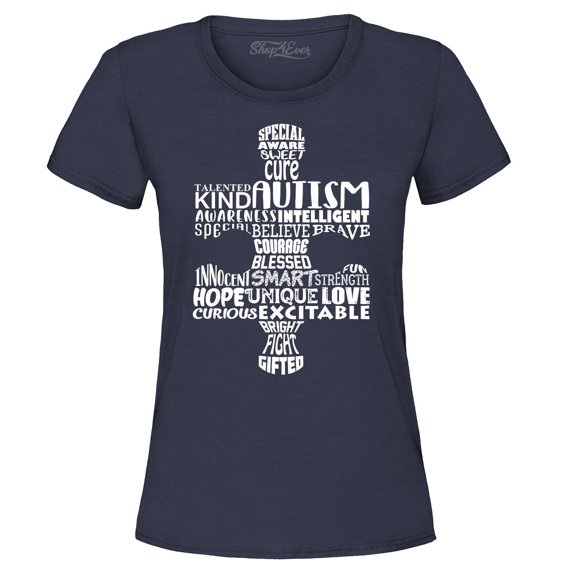 Shop4Ever Women's Autism Awareness Puzzle Piece Word Cloud Graphic T-Shirt Large Navy
