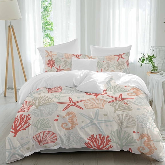 3 Piece Red Orange Coastal Duvet Cover Set California King,Microfiber Comforter/Quilt Cover with Corner Ties and 2 Pillowcases,Summer Beach Starfish Coral Nautical Rustic Bedding with Zipper Closure