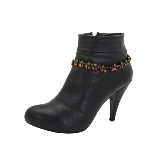 Women Metal Chain Western Boot Bracelet Shoe Anklet Red Flower Charm