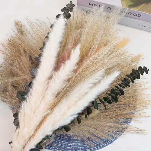 Dried Flower Bouquet with Bunny Tail Grass, Pampas Grass, and Eucalyptus - Boho Centerpiece for Tables and Floors, Fall Grass Arrangement and Stylish Olive Green Wall Decor