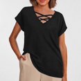thumbnail image 5 of Camiseta holgada de manga corta con cuello en V lisa para mujer, poliéster spandex, top informal de verano, S-XXL, 5 of 5