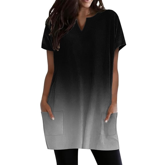 Duoif Women's Casual V Neck Short Sleeve Dress Loose Fit T Shirt Dress with Pockets Black L