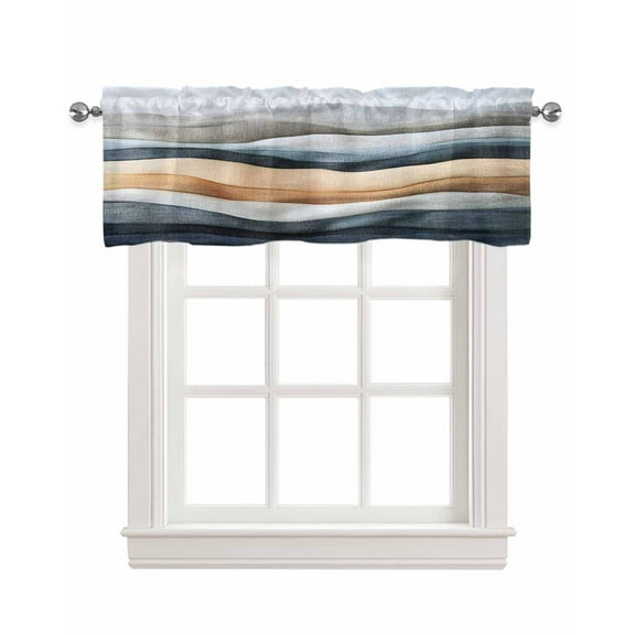 Navy Blue Beige Ombre Kitchen Valances for Windows Farmhouse Linen Window Valance Curtain for Living Room Window Treatment Vintage Modern Abstract Aesthetic Valance Rod Pocket Topper, 42 x 18 Inch