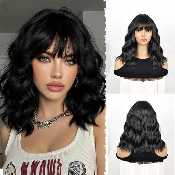 Phocas 12inch Short Bob Wigs for Women - Wavy Synthetic Bob Wig with Bangs, Face Slimming Short Wig, Glueless Wear and Go for Daily or Party (Black)