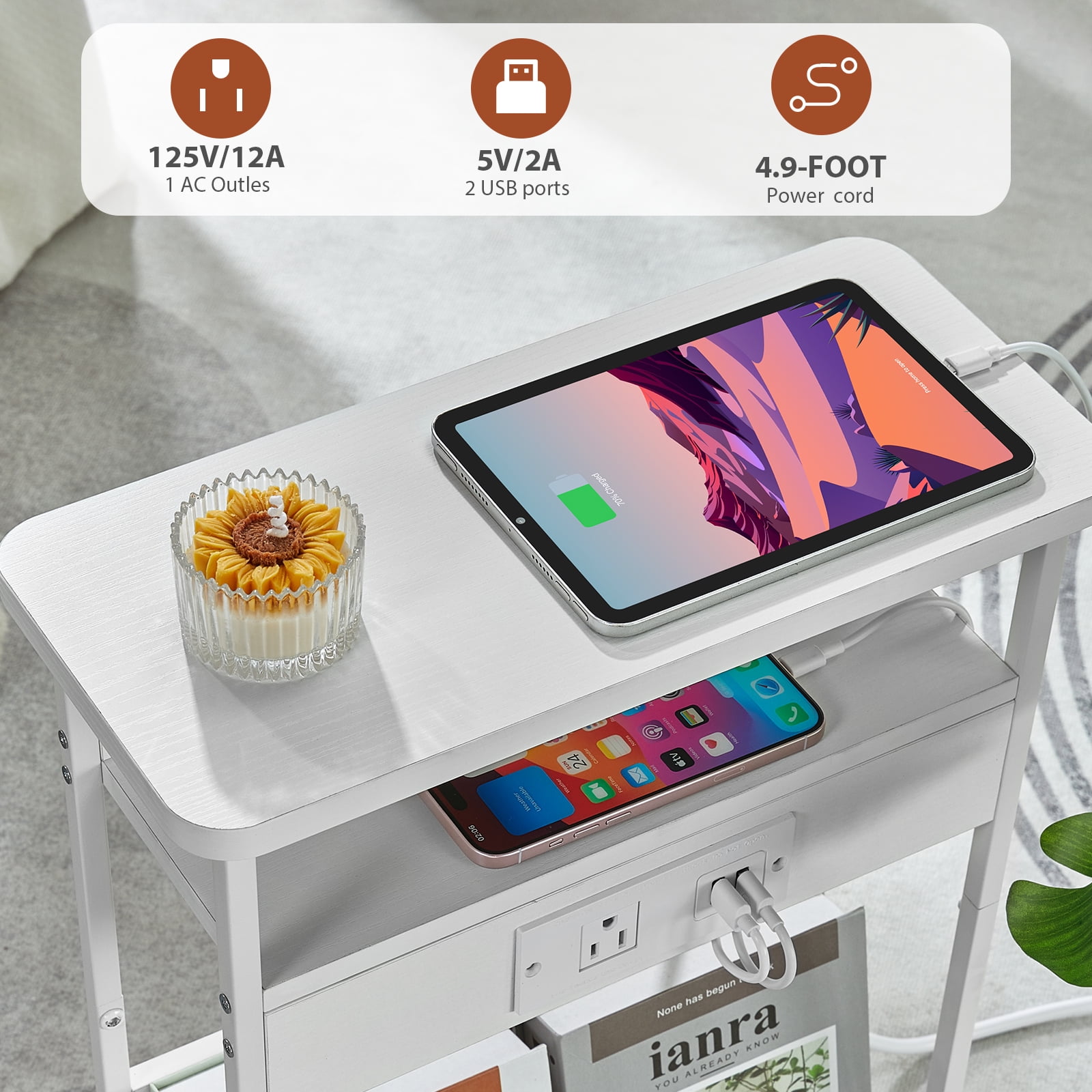 ZEXVIDA Narrow Side Table with Charging Station, 3 Tier Slim End Table with Storage Shelf for Small Spaces, 21.6 Inch Height Thin Tables Small Nightstand Magazine Rack for Living Room, White