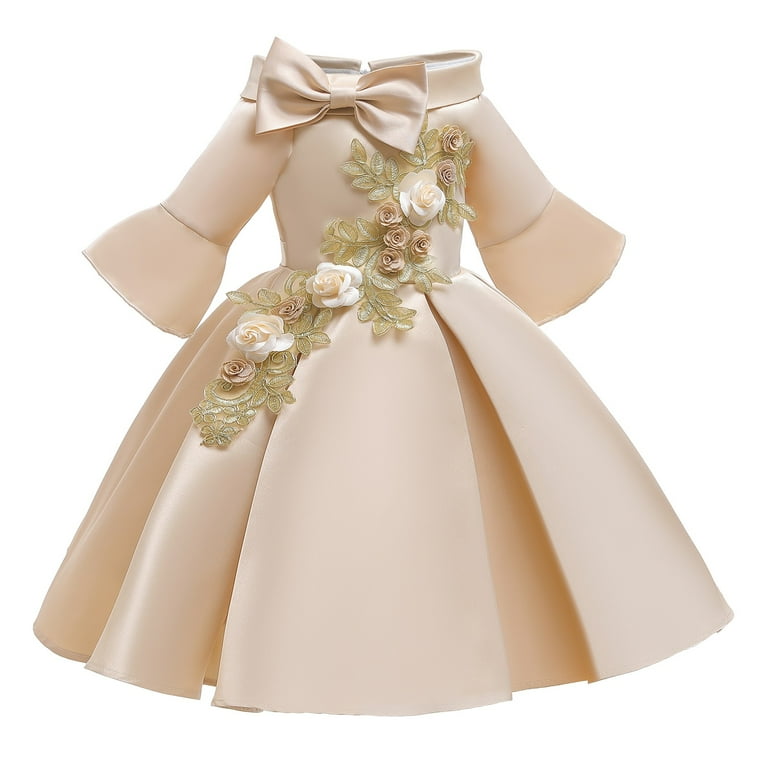 3T Baby Girls Dress Princess Dress Party Dress 4T Girls Birthday Dress Wedding Party Dress Formal Off the shoulder Long Sleeve Flower Pleated Dress