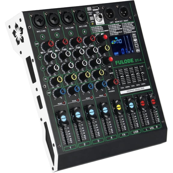 DT-4 Professional 4 Channe Audio Mixer，DJ Controller Sound Board Mixing with 99 DSP Effects,5-Band EQ/4 XLR interfaces and USB for Live Streaming & Recording，48V Phantom Power & Vocal Removal