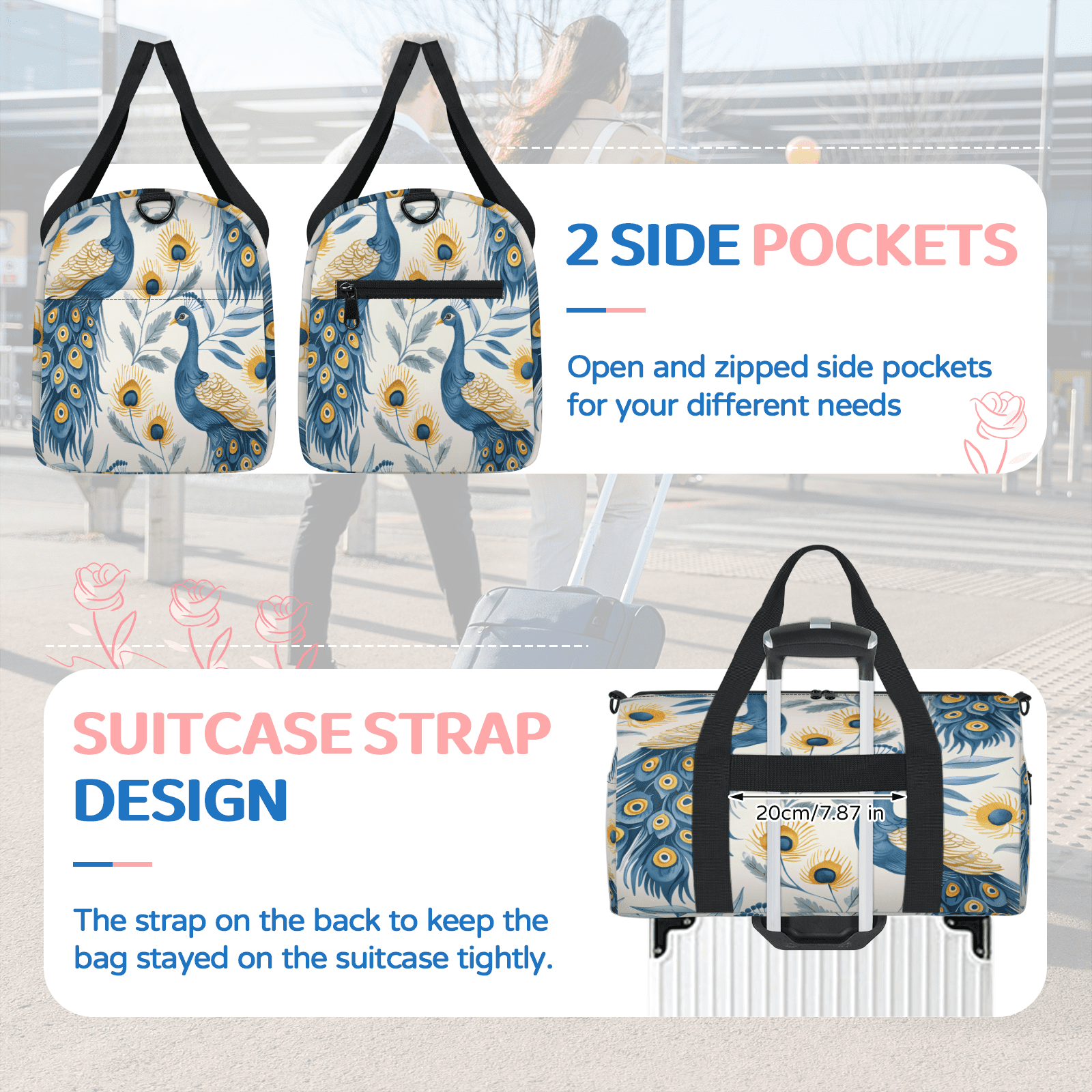 Herdesigns Peacock Travel Duffle Bag Sports Yoga Weekender Overnight Carry on Workout Bags Lightweight Waterproof Gym Tote Bag for Women Blue Bird