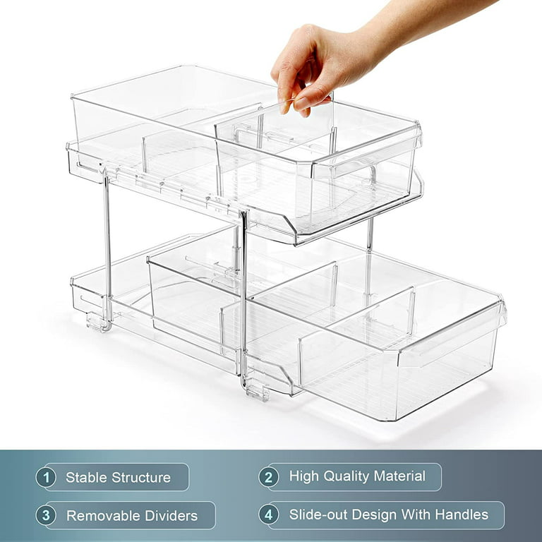 2 Set, 2 Tier Clear Organizer with Dividers for Cabinet / Counter, MultiUse  Slide-Out Storage Container - Kitchen, Pantry, Medicine Storage Bins