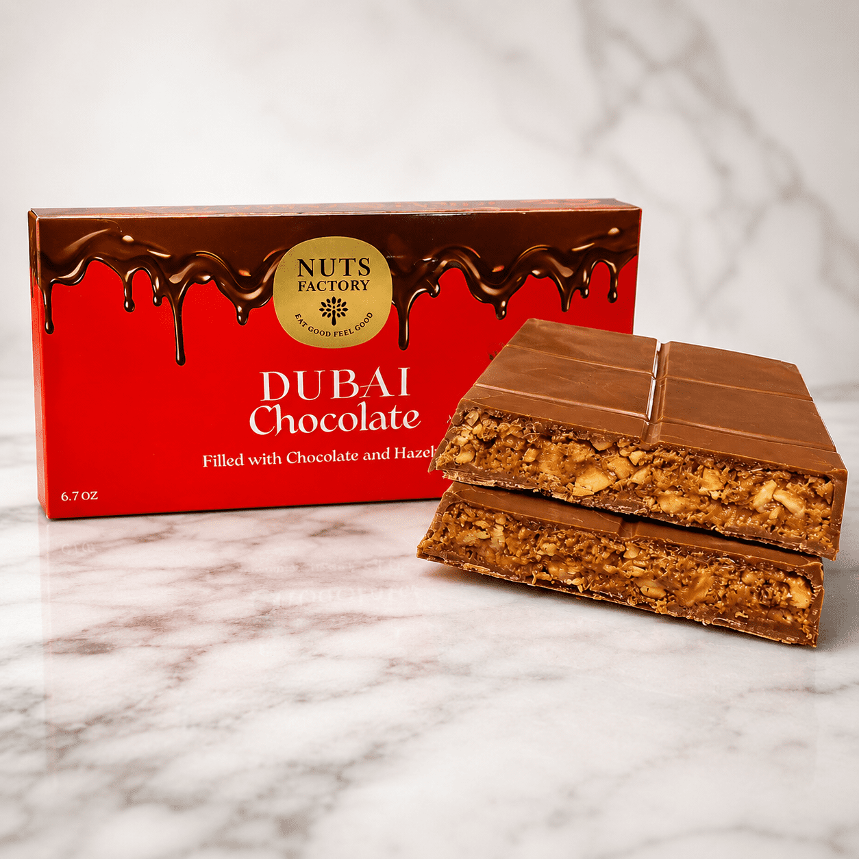 Nuts Factory Dubai Style Hazelnut Chocolate Bars with Roasted Hazelnuts & Smooth Chocolate, Pack of 2 Large Bars – #1 Ranked Dubai Chocolate Bars in the World by CNBC
