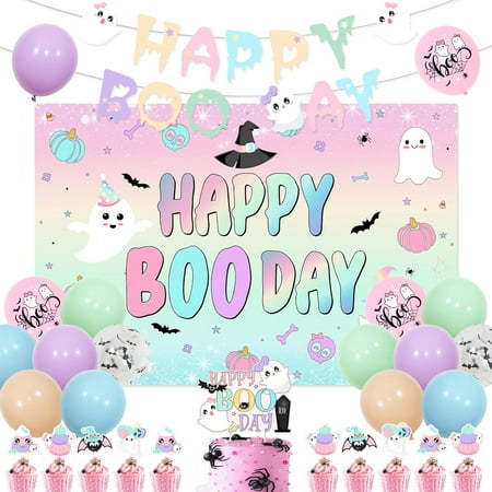 Happy Boo Day Decorations for Girl, Pastel Halloween Birthday Party Decorations - Happy Boo Day Backdrop, Banner, Cake Topper, Cupcake Toppers, Balloons, Halloween Little Boo Party Supplies