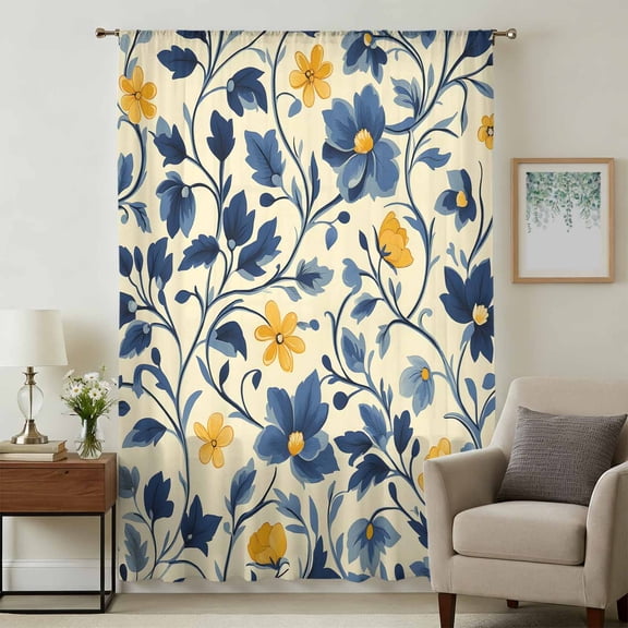 Spring Botanical Art Sheer Curtains 96 Inches Long, Spring Floral Summer Flower Light Filering Curtains, Privacy Drapes Simi Floor to Veiling Curtain for Living Room Bedroom Large Window Treatment