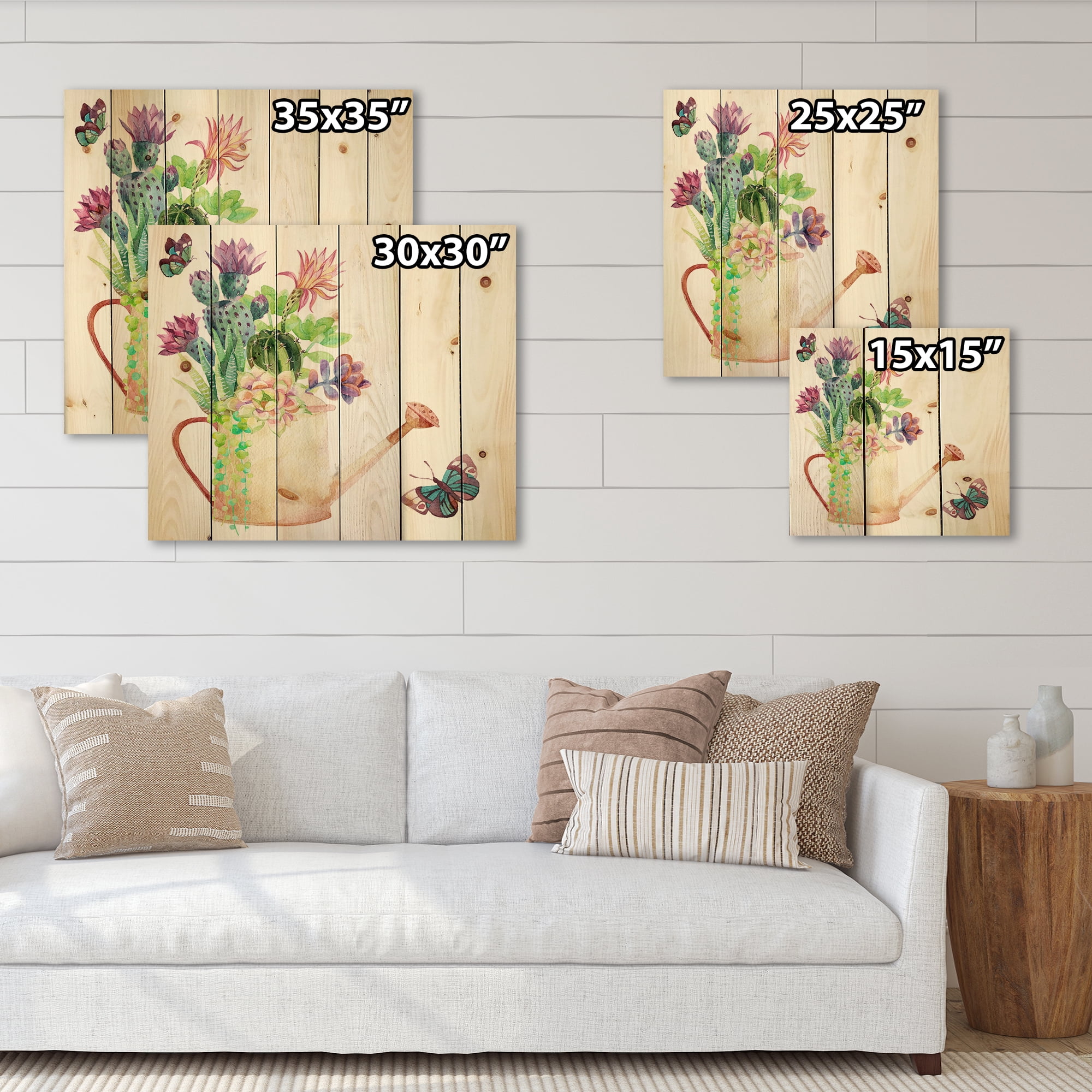 Designart 'Succulents In Old Watering Can With Butterfly' Farmhouse Print on Natural Pine Wood