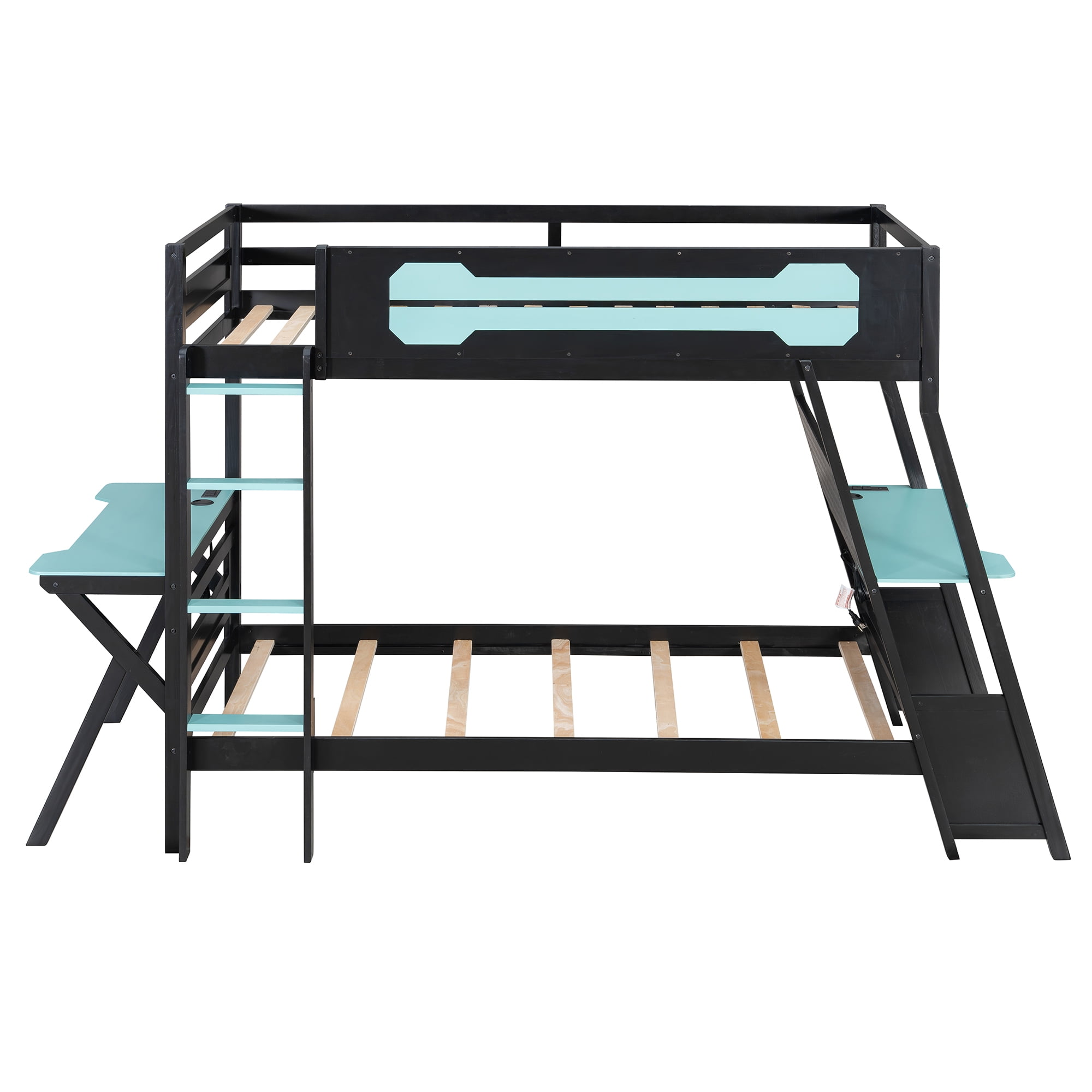 Aukfa Twin over Twin Bunk Bed with Built-In Desks, USB Charging Ports & Pegboard Organizer, Wood E-Sports Gaming Bed Frame for Kids/Teens, Blue