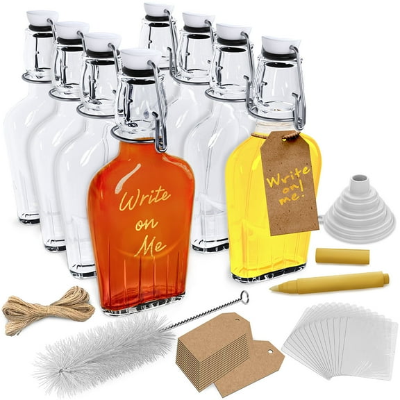 Nevlers 8.5 oz Swing Top Glass Flask (Pack of 8) | Includes Funnel, Brush, and Marker