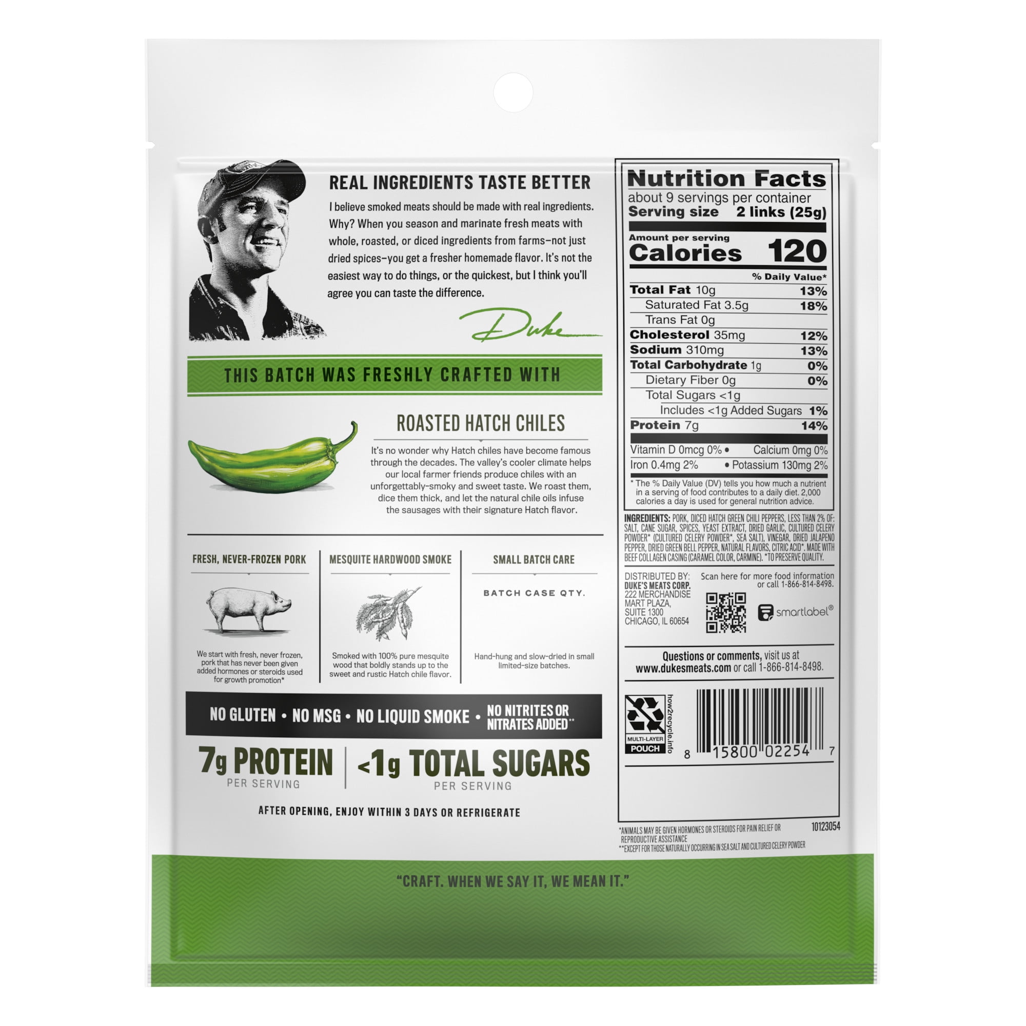 Duke's Pork Hatch Green Chile Smoked Shorty Sausages, 7g Protein Per Serving, 7.5 oz.