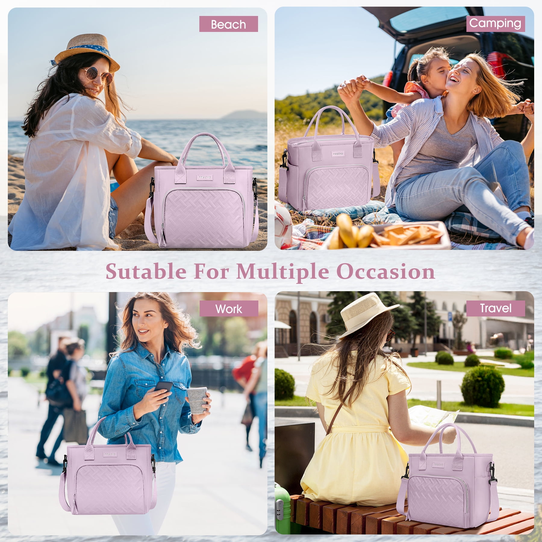 CshidWorld Insulated Lunch Bag for Men & Women - 18L Large Capacity Lunch Box for Work,Office ,Picnic, Hiking, Beach, Thermal Cooler Tote w/ Adjustable Strap, Pockets, Classic Plaid Design, Purple