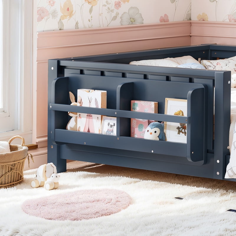 URTR Twin Size Montessori Floor Bed with Storage Bookshelf and High-Quality Safety Guardrail, Wooden Twin Floor Bed Frame, Wooden Platform Bed, Low Profile Twin Bed with Fence and Headboard, Blue