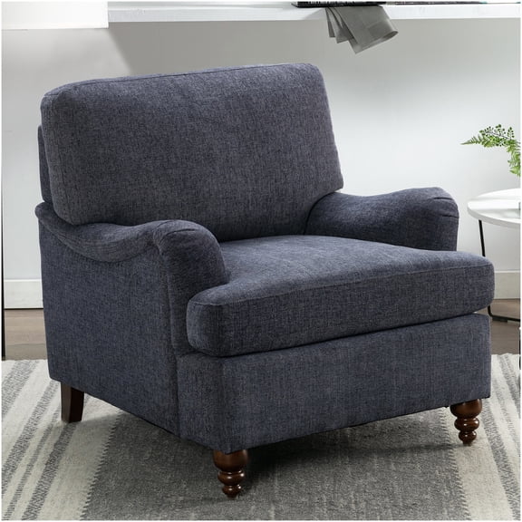 Navy Blue Polyester Upholstered Armchair with English Roll Arms and Removable Cushions