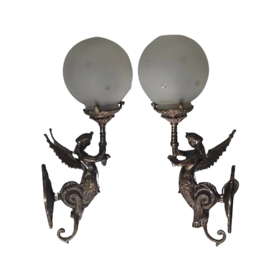 Pair Of Antique Vintage Old Art Nouveau Brass Mermaid Wall Sconces Fixture Light Lamp