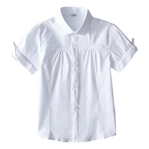 ANINEO Girls Short Sleeve White Shirt Lapel Summer School Tops Kids Teenager Big Girl Performance Casual Blouse Soft Child Wear
