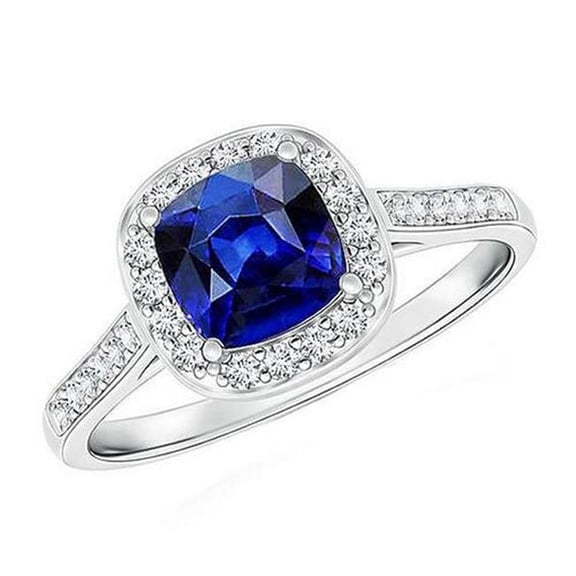3 CT Womens Diamond Halo Cushion Blue Sapphire Engagement Ring, Size 6.5