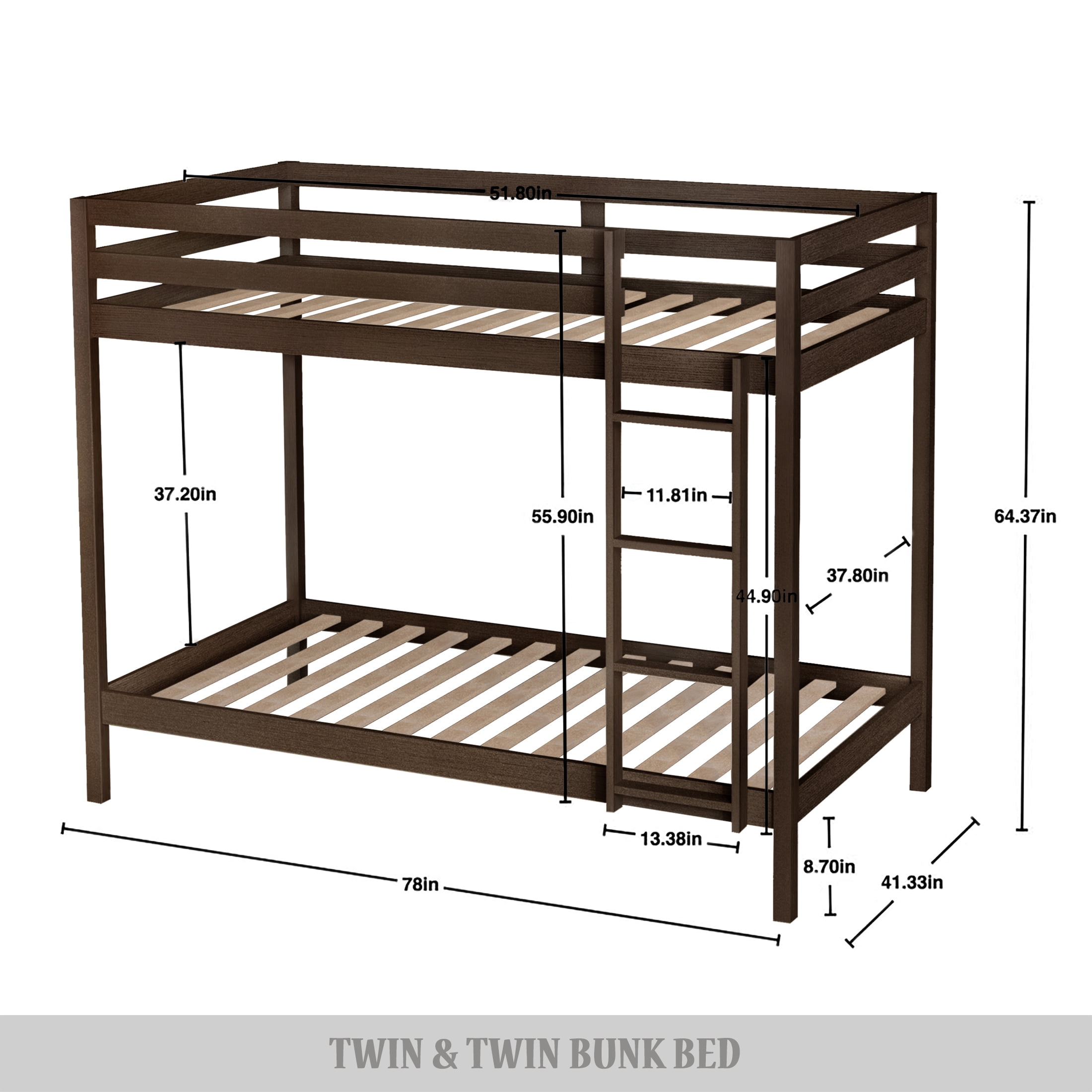 Castle Place Modern Twin over Twin Wooden Bunk Bed, Walnut