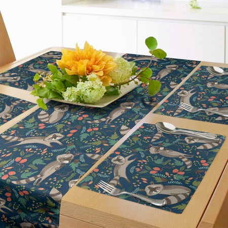 

Woodland Table Runner & Placemats Repeating Forest Life Pattern of Happy Raccoon Plants and Flowers Set for Dining Table Placemat 4 pcs + Runner 14 x90 Night Blue and Multicolor by Ambesonne
