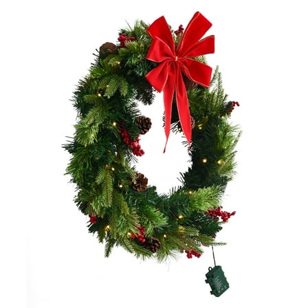 KFFKFF 24-Inch Pre-Lit Artificial Christmas Wreath with 50 LED Lights and Timer, Featuring Pine Cones, Red Berries, and Holly Leaves, Ideal for Fireplace, Door, or Window Decorations