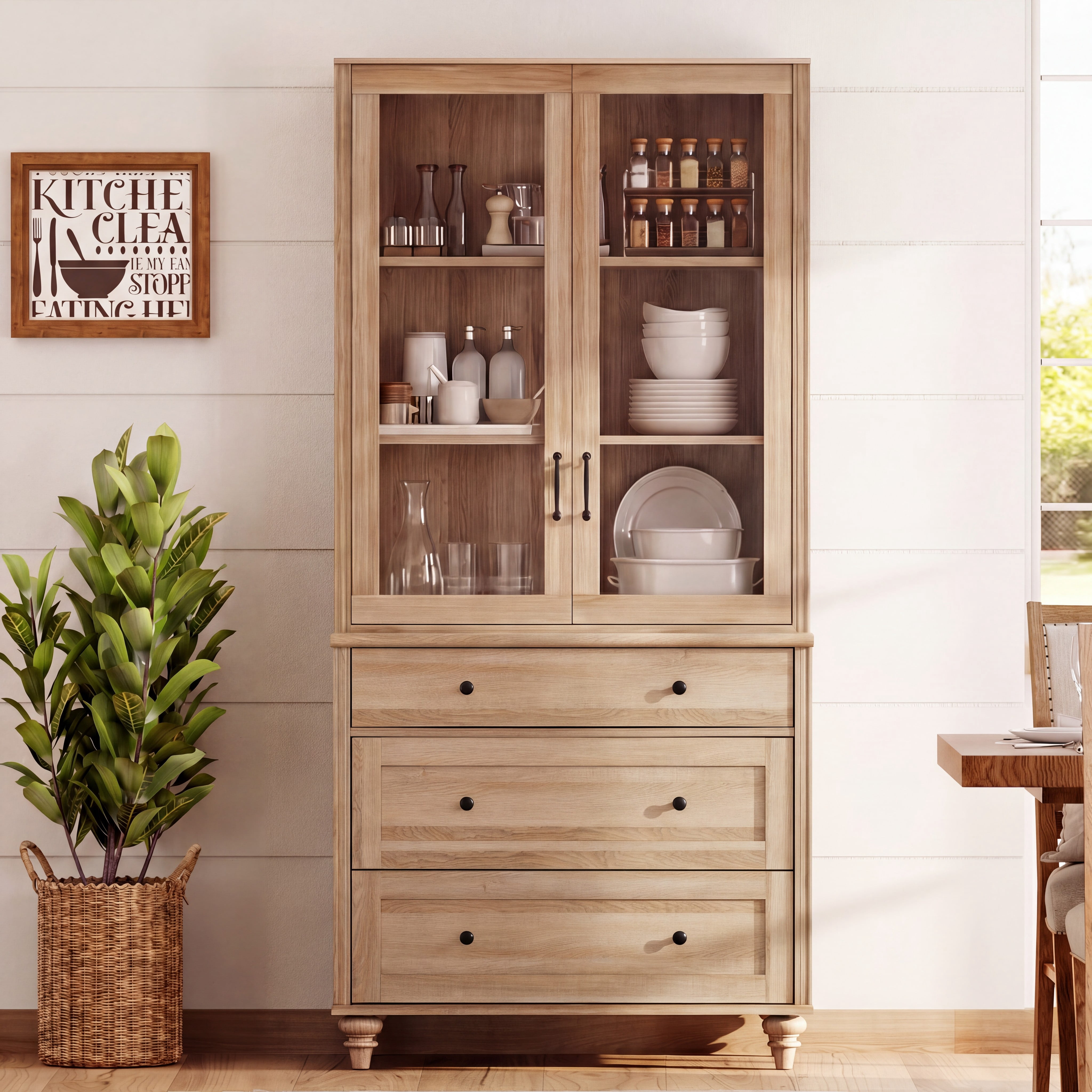 Oak 5-Tier Bookcase with Glass Doors, Bookshelf with 3 Drawers, Farmhouse Library Wooden Bookshelves for Living Room, Office, Kitchen