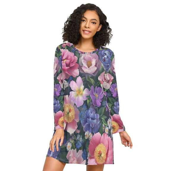 FORMRS Womens Long Sleeve Nightgowns Crew Neck Sleep Shirt Soft Pajamas Sizes S-3XL, Soft Pinks Flowers